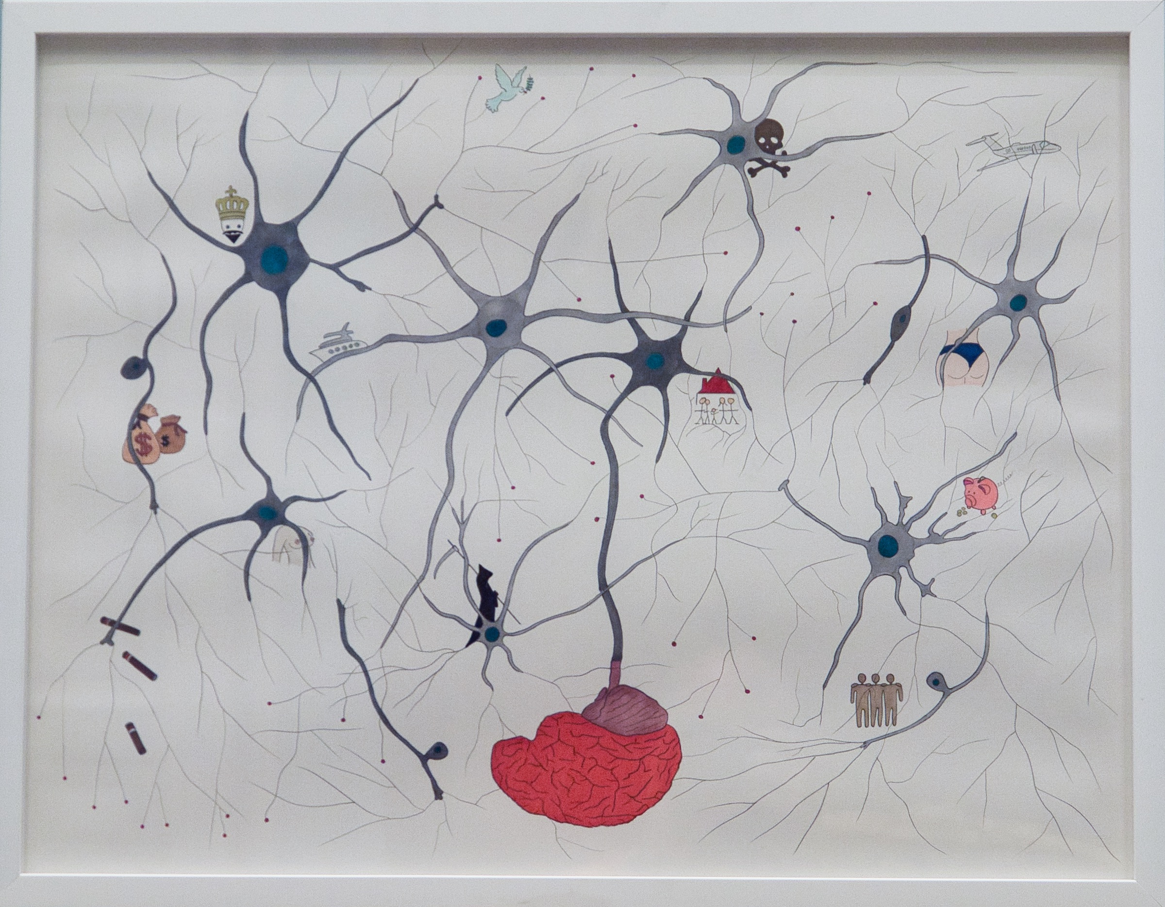 L'image présente un schéma artistique de neurones, avec des connexions illustrées par des lignes et des nœuds. Au centre, on peut voir un cerveau rouge stylisé, entouré de divers symboles et petites illustrations, tels que des animaux, des objets et des emblèmes, qui semblent représenter des idées ou des émotions. Le tout est mis en valeur par un fond clair et une présentation soignée dans un cadre blanc. Ce visuel évoque la complexité des connexions neuronales et pourrait symboliser la manière dont différentes pensées et expériences s'entrelacent dans notre esprit.