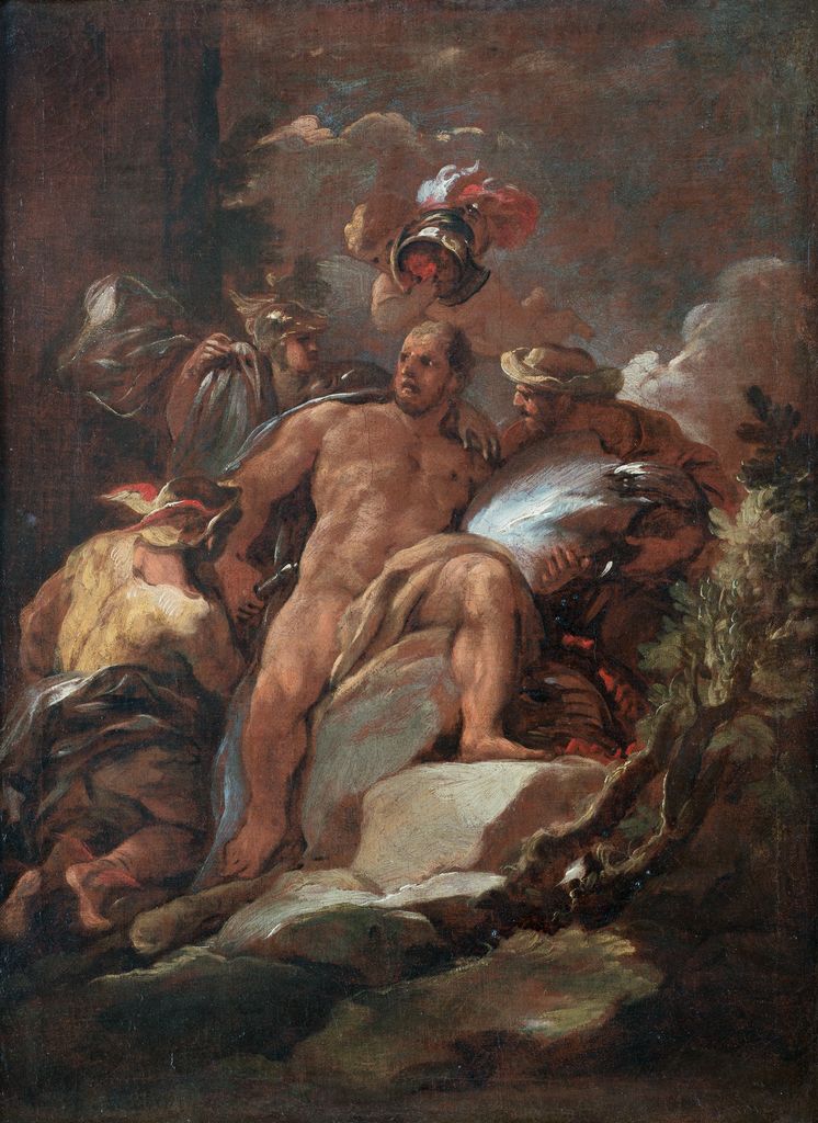 L'image représente une scène artistique avec une composition dynamique. On y voit un homme nu assis sur une pierre, entouré de plusieurs figures qui semblent interagir avec lui. Les personnages, vêtus de drapés colorés, expriment des émotions variées. L'arrière-plan est dramatique, avec des nuages sombres et une atmosphère chargée, accentuant l'intensité de la scène. La lumière fait ressortir les détails des corps et des visages, ajoutant à l'effet visuel global.