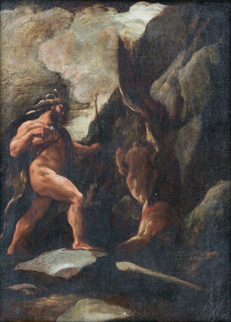 L'image représente probablement une scène mythologique, où un personnage nu, affichant une posture dynamique et musclée, se tient debout sur un rocher. Ce personnage semble être en interaction avec un autre être, peut-être une créature ou une figure allongée, qui se trouve en contrebas. Le cadre est marqué par des rochers et un décor naturel, avec un ciel chargé de nuages, créant une atmosphère dramatique. Les couleurs sont sombres et riches, ajoutant à l'intensité de la scène.