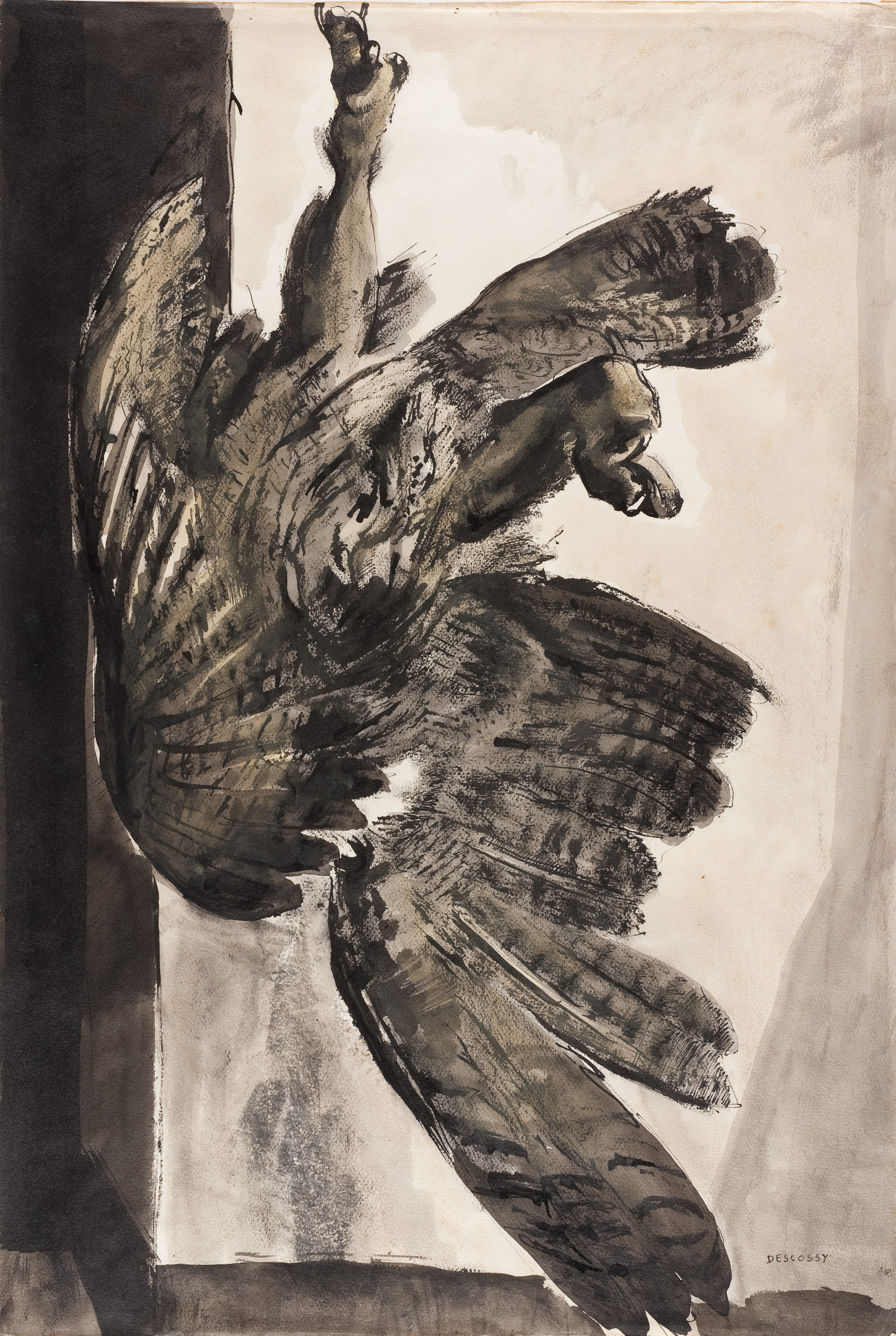 L'image représente une figure stylisée d'un oiseau en plein mouvement, probablement en train de s'envoler. Les plumes sont rendues avec des coups de pinceau dynamiques, utilisant des teintes sombres et terreuses. Le fond est assez abstrait, mettant en valeur l'oiseau tout en créant un contraste avec sa silhouette. On sent une énergie forte dans la composition, suggérant la liberté et le mouvement.