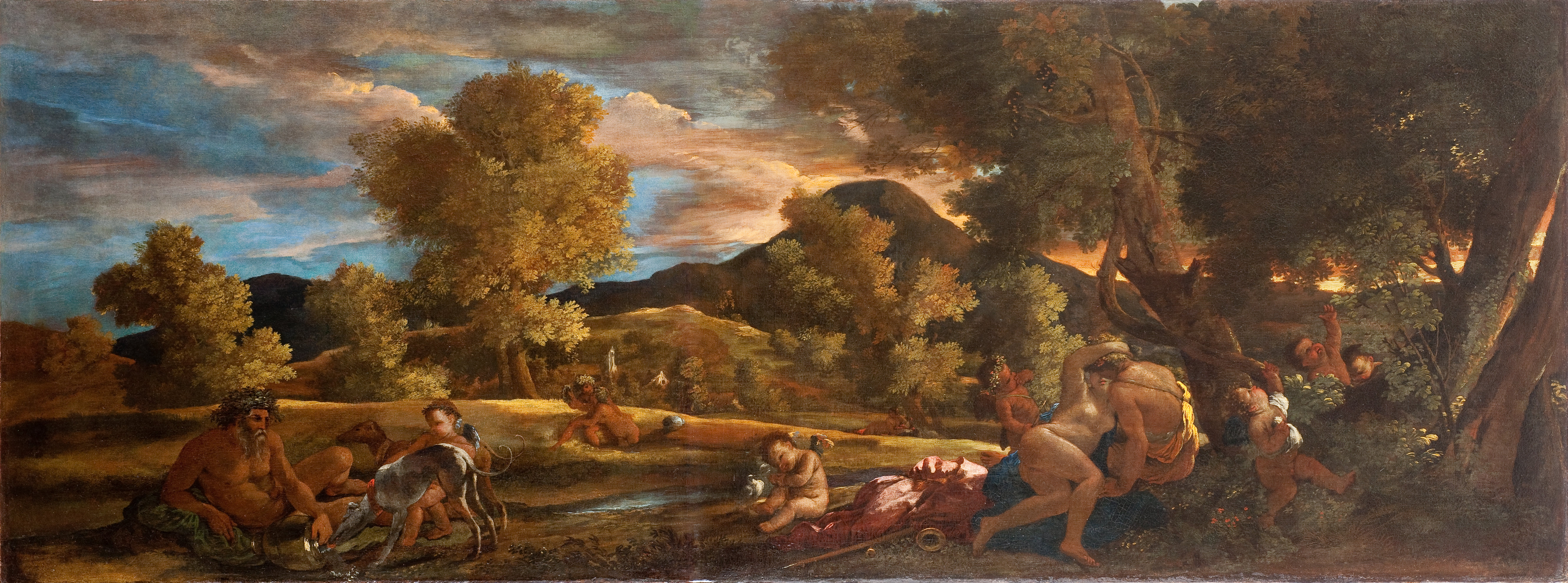 Cette image représente une scène de la nature, typique de la peinture baroque. On y voit un paysage verdoyant avec des arbres majestueux et un ciel nuageux au crépuscule. Au premier plan, plusieurs figures humaines, dont des personnages nus, interagissent entre eux. Certains semblent occupés à des tâches agricoles tandis que d'autres profitent de l'environnement. En arrière-plan, on aperçoit des collines et des montagnes, ajoutant de la profondeur à la composition. L'ensemble évoque une atmosphère paisible et bucolique, typique des œuvres de cette époque.