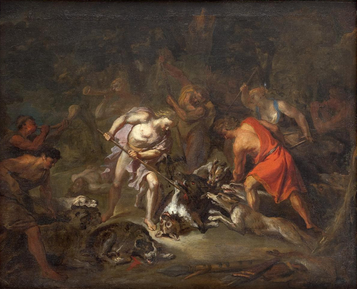 L'image représente une scène de chasse animée, où plusieurs personnages, vêtus de costumes antiques, s'affairent autour d'un groupe de chiens. Certains hommes tiennent des armes, tandis que d'autres semblent diriger les chiens ou participer à la capture d'une proie. L'éclairage dramatique met en valeur les expressions des personnages et l'intensité de l'action. Le fond est sombre et boisé, ajoutant à l'atmosphère sauvage de la scène. Les détails des figures et la dynamique du mouvement donnent vie au tableau.