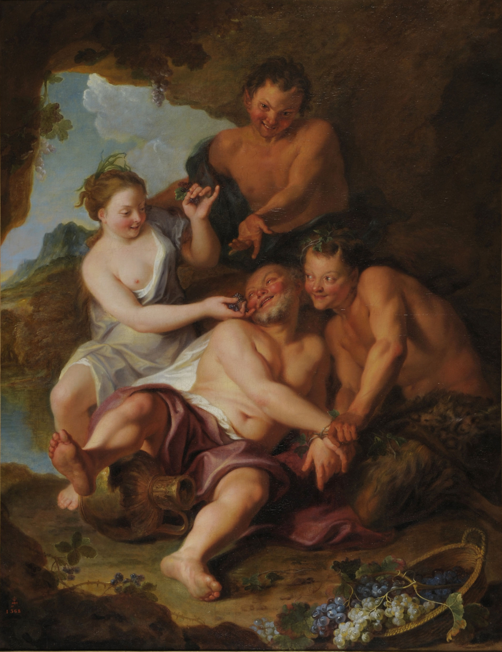 L'image représente une scène mythologique où des figures allégoriques semblent interagir dans un décor naturel. On y voit des personnages aux traits expressifs, avec un homme au centre, entouré de deux figures masculines et d'une figure féminine. Le personnage central semble partagé entre amusement et satiété, tandis que les autres l'entourent de manière complice. La lumière joue sur leurs corps, mettant en avant des détails comme les textures de la peau et les drapés. Des éléments naturels, comme des grappes de raisins, ajoutent une touche de richesse à la composition. L'ensemble évoque des thèmes de plaisir et de festivité.
