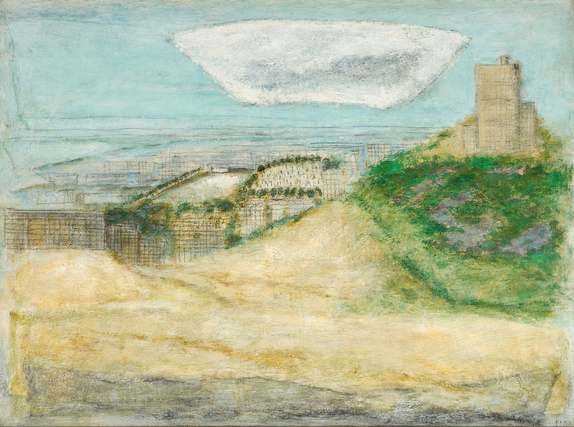 L'image représente un paysage stylisé avec des collines et des bâtiments. On y voit des formes abstraites qui évoquent une ville sur une partie droite, tandis que la gauche présente des nuances de sable et de verdure. Un grand nuage blanc plane au-dessus d'un ciel bleu clair, ajoutant une touche de légèreté à la composition. Les couleurs sont douces et pastel, créant une atmosphère sereine. L'ensemble dégage une impression de calme et d'harmonie dans le paysage.