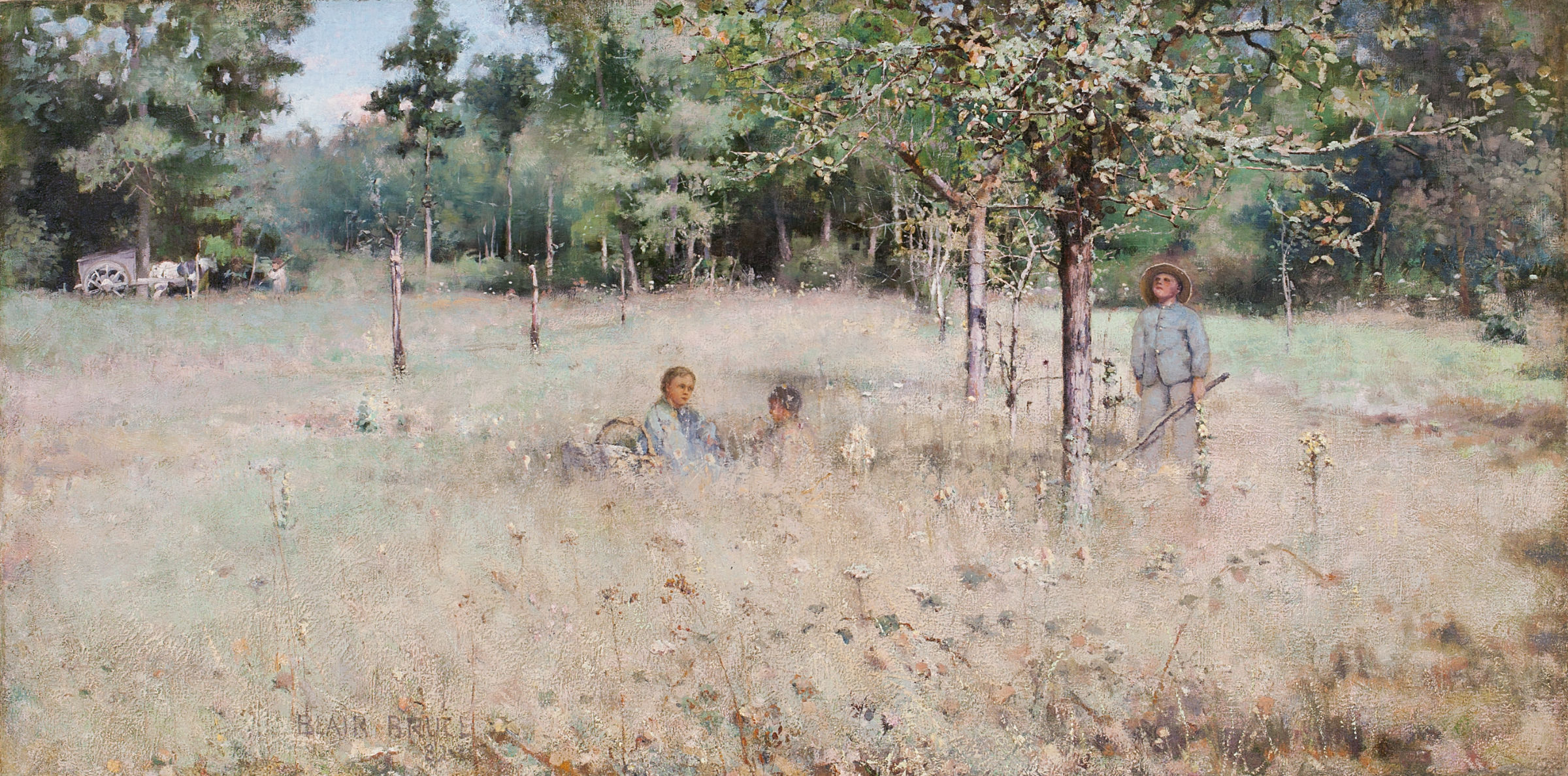 L'image représente une scène bucolique, où l'on peut voir un champ verdoyant, parsemé de fleurs et de hautes herbes. Au premier plan, deux personnes sont assises au sol, tandis qu'une troisième, debout, semble travailler de la terre ou surveiller les autres. Les arbres en arrière-plan ajoutent une touche de nature à l'ensemble. La lumière douce et diffuse suggère une journée ensoleillée, créant une ambiance paisible et sereine. La palette de couleurs comprend des teintes douces, ce qui renforce l'aspect tranquillement rural de la scène.