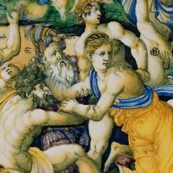 L'image représente une scène vibrante et colorée avec plusieurs personnages. On peut voir des figures humaines dans un bateau, où un homme barbu semble interagir avec un jeune personnage aux cheveux ondulés. Ce dernier est vêtu d'une tunique bleue et d'un drapé orange, tandis que les autres personnages au loin montrent des expressions variées. Le fond suggère un environnement naturel riche, peut-être en relation avec un événement mythologique ou narratif. Les détails sont minutieusement peints, mettant en avant les émotions et les postures des différents personnages.