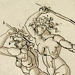 L'image représente deux figures humaines stylisées, dessinées de manière expressive. Les personnages, de posture dynamique, semblent se battre ou s'affronter, tenant des bâtons ou des armes à la main. Leur musculature est accentuée, mettant en avant la force et le mouvement. Les lignes sont fluides et les détails facialement simplistes, ce qui donne une impression dramatique et intense à la scène. Les cheveux des personnages sont également en mouvement, ajoutant à l'énergie de l'œuvre.