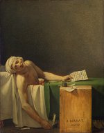 L'œuvre représente le célèbre peintre néo-classique Jacques-Louis David. Elle illustre le personnage de Jean-Paul Marat, un révolutionnaire français, assassiné dans sa baignoire. Marat est montré dans une posture allongée, avec son corps partiellement immergé dans l'eau. Son visage exprime une pâleur, soulignant le caractère tragique de sa mort. Des lettres sont éparpillées autour de lui, et un encrier est visible à proximité. Le fond est sombre, mettant en valeur le corps du martyr et ajoutant à l'atmosphère dramatique de la scène. L'inscription « À MARAT, DAVID » sur le socle en bois témoigne de l'hommage que lui rend l'artiste.