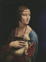 L'image représente un portrait d'une femme portant une coiffe et des bijoux. Elle tient un petit animal, probablement une belette ou un furet, dans ses bras. La femme est vêtue d'une robe colorée, avec des détails ornementaux. Le fond est sombre, ce qui accentue les couleurs de son vêtement et son expression sereine. Ce portrait est souvent associé à un travail de la Renaissance, montrant un mélange d'élégance et de mystère.