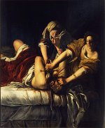 L'image présente une scène dramatique et intense, représentant le moment où Judith décapite Holopherne. Deux femmes sont au centre de la composition : l'une tient fermement la chevelure de l'homme tandis que l'autre lui enfonce une épée dans le cou. La lumière met en valeur les détails des vêtements des femmes, crée des ombres profondes et accentue l'atmosphère de tension. Le lit en arrière-plan et les drapés richement colorés ajoutent une dimension à la scène. L'œuvre, avec ses couleurs sombres et son éclairage dramatique, évoque des thèmes de violence et de puissance.