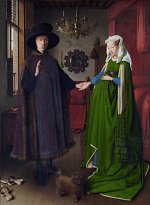 Cette image est une célèbre peinture connue sous le nom de "L'Annonciation" ou "Le Mariage de la Vierge" de Jan van Eyck, réalisée au XVe siècle. On y voit deux personnages, un homme et une femme, se tenant la main dans une pièce qui semble richement décorée. L'homme est vêtu d'un manteau sombre orné de fourrure, tandis que la femme porte une robe verte élégante avec des détails dorés et un voile. À leurs pieds, un petit chien est présent, ajoutant une touche de réalisme à la scène. L'arrière-plan présente des éléments de décoration, comme des tapis et des objets d'art accrochés aux murs, soulignant l'opulence de l'époque. Les détails et les couleurs sont d'une grande finesse, caractéristiques du style flamand de la Renaissance.