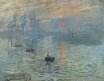 Cette image représente une scène maritime capturée par Claude Monet. Le tableau montre un port alors que le soleil se lève ou se couche à l'horizon, teintant le ciel et l'eau de nuances orangées et bleutées. On aperçoit des silhouettes de bateaux sur l'eau, ainsi que des structures industrielles en arrière-plan, évoquant l'ère moderne. Le style impressionniste de Monet se manifeste par des coups de pinceau rapides et des couleurs vibrantes, créant une atmosphère lumineuse et dynamique.