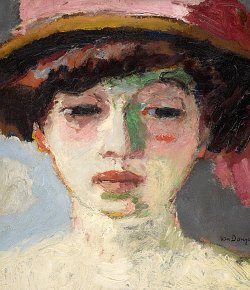 L'image représente un portrait peint avec des coups de pinceau expressifs et des couleurs vives. Le sujet semble être une jeune femme avec un chapeau, le visage a des nuances de vert et de rouge qui lui donnent une apparence artistique et légèrement stylisée. Les traits du visage sont délicats, avec des yeux légèrement baissés et des lèvres bien définies. L'arrière-plan est flou, ce qui met en avant le visage du sujet. L'ensemble de l'œuvre transmet une émotion profonde et une atmosphère introspective.