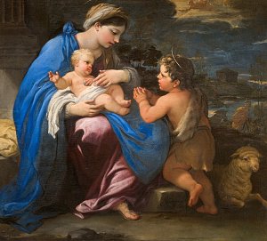 L'image représente une scène religieuse avec une Vierge Marie tenant un enfant dans ses bras. À côté d'elle, un jeune enfant, probablement un ange, semble prier ou faire une demande. La Vierge est vêtue d'une robe lumineuse avec un manteau bleu, tandis que l'enfant est nu. En arrière-plan, on peut apercevoir un paysage paisible avec des figures humaines, et un mouton est également présent, ajoutant à l'aspect pastoral de la scène. Les couleurs sont douces et harmonieuses, créant une atmosphère sereine.