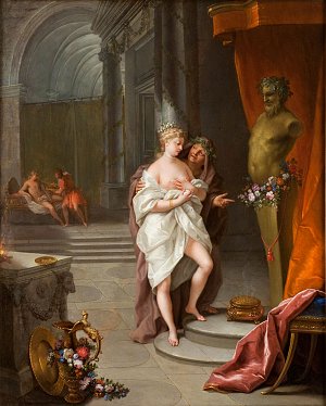 L'image présente une scène baroque dans un cadre intérieur richement décoré. Au centre, une femme, vêtue d'une draperie légère, est entourée d'un homme qui semble l'admirer. Elle porte une couronne, ce qui souligne son importance ou son statut. À l'arrière-plan, on aperçoit d'autres figures, probablement dans une ambiance de fête ou de célébration, ce qui ajoute à l'atmosphère générale de l'œuvre. Les détails comme les drapés, les statues et les objets d'ornementation contribuent à la richesse visuelle de la composition, typique de ce style artistique.