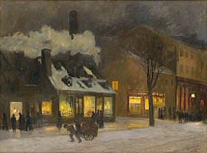 L'image représente une scène urbaine nocturne, probablement en hiver, avec de la neige sur le sol. À gauche, on voit une maison ou un magasin avec de la lumière qui émane des fenêtres, suggérant une atmosphère chaleureuse à l'intérieur. De la fumée s'échappe d'une cheminée, ajoutant à l'ambiance cosy. Au centre, une silhouette traverse la rue avec une charrette, témoignant de l'activité humaine. À droite, d'autres bâtiments sont visibles, certains avec des vitrines illuminées. L'éclairage est doux, créant une ambiance tranquille et conviviale dans cette scène nocturne.