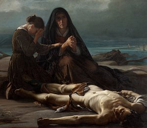L'image représente une scène poignante. Au premier plan, deux femmes sont assises sur un sol sombre. L'une, qui semble être une mère, tient la main de l'autre femme, qui pleure, cachant son visage dans ses mains. Au centre, un homme nu est étendu, visiblement inanimé, évoquant une grande tristesse. L'arrière-plan présente un paysage sombre, avec des teintes grises et des nuages, ajoutant à l'atmosphère mélancolique de la scène. L'ensemble dégage des émotions fortes, comme la douleur et la perte.