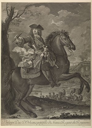 L'image représente Philippe, Duc d'Orléans, qui est identifié comme le régent du royaume de France. Il est monté sur un cheval, en position dynamique, tenant une épée. Son costume est richement décoré, typique de l'époque, avec des éléments somptueux tels que des volants et des embellissements. À l'arrière-plan, on aperçoit une scène de bataille ou un rassemblement de soldats, suggérant son rôle militaire et politique. L'ensemble dégage une impression de puissance et de majesté.