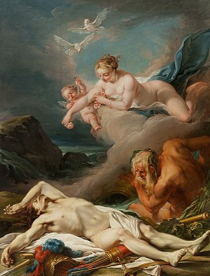 L'image représente une scène mythologique ou religieuse, où plusieurs figures célestes et terrestres interagissent. Au centre, un personnage masculin est étendu, probablement dans un état de souffrance ou de mort. Au-dessus, une figure féminine, dénudée et représentant peut-être la joie ou l'amour, est accompagnée d'un enfant qui tient des roses. Ils semblent observer la scène, symbolisant une forme de divine intervention ou de consolation. En bas à droite, une figure âgée, qui pourrait symboliser la sagesse ou la désolation, réagit à la scène avec une expression de tristesse ou de révélation. L'arrière-plan, avec des nuages et des paysages rassemblés, ajoute une dimension dramatique à l'ensemble. Les couleurs et les détails sont riches, typiques de l'art baroque.