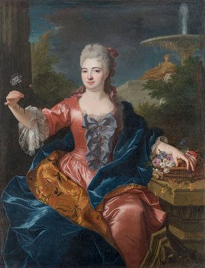 Cette image représente un portrait d'une femme du XVIIIe siècle, vêtue d'une robe élégante et colorée. Elle est assise, avec un sourire doux, tenant une fleur dans une main. Sa coiffure est ornée et ses vêtements présentent des détails raffinés, notamment des embellissements décoratifs. En arrière-plan, on peut apercevoir une scène de jardin avec une fontaine, ajoutant une atmosphère paisible et raffinée à l'ensemble du tableau. La composition dégage un sentiment de beauté et de sophistication.