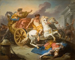 L'image représente une scène dramatique avec un chariot tiré par des chevaux blancs. Un homme, presque nu, conduit le chariot, tandis qu'une femme en robe colorée l'accompagne, levant les bras dans une expression de désespoir ou d'urgence. En arrière-plan, on aperçoit une bataille chaotique, avec des soldats et des éléments de destruction. Le tableau évoque des thèmes de conflit, de passion et de tragédie, tandis que les couleurs vives et les détails dynamiques attirent l'œil sur l'action principale.