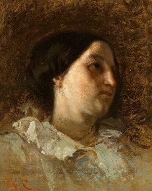 L'image présente un portrait d'une femme, où elle est dépeinte de profil. Son visage est éclairé de manière douce, mettant en avant ses traits. Elle porte un châle ou un vêtement au col large, ce qui ajoute une touche de délicatesse à sa silhouette. Le fond est sombre et texturé, créant un contraste avec la clarté de son visage. Les coups de pinceau sont visibles, suggérant un style artistique libre et émouvant.