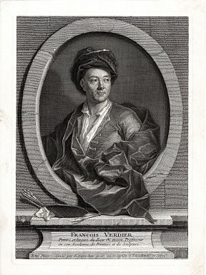 L'image représente un portrait gravé d'un homme, portant un turban ou un chapeau, qui semble être un artiste ou un scientifique. Il est encadré dans une ovale, avec des éléments décoratifs autour de lui. En bas de l'image, un cartouche porte le nom "François Verdier" et mentionne qu'il était professeur à l'Académie de France et à la peinture. Le style de l'image est classique, avec des détails soignés dans les vêtements et l'expression du visage.