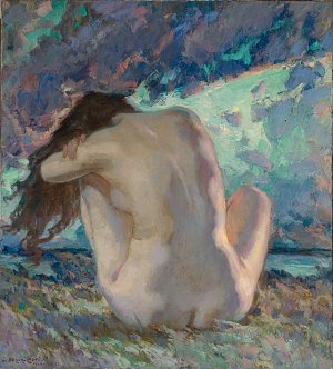 L'image représente une femme nue, vue de dos, assise sur le sol. Son corps est stylisé avec des coups de pinceau fluides et expressifs. Les couleurs sont principalement pastel, avec des nuances de bleu et de vert qui créent une ambiance douce et rêveuse. La femme a les cheveux longs et flottants, et elle se penche légèrement en avant, cachant une partie de son visage. L'arrière-plan est abstrait, ajoutant à l'aspect éthéré de la scène. L'ensemble dégage une sensation de calme et de contemplation.