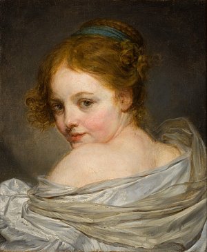 L'image représente un portrait d'une jeune femme avec des cheveux roux, ondulés et attachés en chignon, laissant échapper quelques mèches. Elle se tourne partiellement vers le spectateur, révélant un regard doux et expressif. Sa peau est lumineuse et délicate, tandis qu'elle porte une draperie légère, probablement en satin, qui glisse sur son épaule. Le fond est sombre, ce qui met en valeur son visage et sa coiffure. L'ensemble de l'œuvre dégage une atmosphère de sérénité et de beauté.