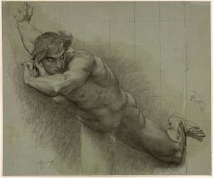 L'image représente un croquis d'un homme nu, capturé dans une pose dynamique. Le modèle semble s'élancer ou sauter, son corps est musclé et bien défini. Des ombres autour de lui soulignent le volume et la profondeur de la figure, tandis qu'un fond légèrement texturé met en valeur le dessin. Les détails du visage montrent une expression concentrée, et le style évoque une étude anatomique soignée.