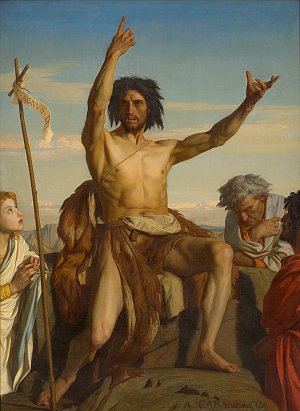 Cette image représente un homme nu, assis sur un rocher, levant une main vers le ciel tout en exhibant une posture expressive et dynamique. Il est entouré de figures féminines et masculines qui semblent l'écouter attentivement. Le décor en arrière-plan montre un paysage naturel avec des montagnes et un ciel bleu. L'homme dégage une certaine puissance et une intensité spirituelle, suggérant qu'il est un personnage important ou un prophète. Son corps est marqué par des détails réalistes, et il porte une ceinture de fourrure.