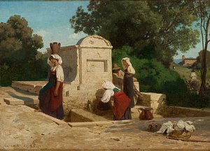 L'image représente une scène rurale paisible. On peut voir un groupe de femmes, certaines portant des jarres sur la tête, s'approchant d'une fontaine. Elles semblent occuper des tâches quotidiennes, comme puiser de l'eau. L'environnement est verdoyant, avec des arbres en arrière-plan et une charmante architecture rustique. La lumière naturelle crée une ambiance chaleureuse et tranquille, évoquant la vie simple du passé.