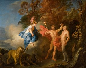 L'image représente une scène mythologique ou allégorique. On y voit deux figures humaines nues, un homme et une femme, se tournant vers une figure féminine en hauteur, vêtue d'une robe bleue. Elle semble flotter au-dessus d'eux, avec une expression majestueuse. À leurs pieds, on aperçoit des animaux, notamment un lion et d'autres créatures, dans un environnement naturel luxuriant avec des arbres colorés. La composition évoque une connexion entre le ciel et la terre, accentuée par les couleurs vives et la lumière qui semble émaner de la figure céleste.