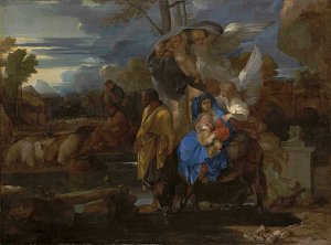 Cette image représente une scène biblique, probablement la fuite en Égypte. Au premier plan, on voit la Vierge Marie portant l'Enfant Jésus, accompagnée de Joseph. Ils sont sur un âne, tandis que des anges semblent les guider. En arrière-plan, on distingue des paysages vallonnés et des personnages, dont certains semblent s'occuper de moutons, évoquant une ambiance pastorale. Le ciel est nuageux avec des rayons de lumière, ajoutant une atmosphère dramatique à la composition. Les couleurs sont riches et les figures sont détaillées, mettant en valeur l'émotion de la scène.