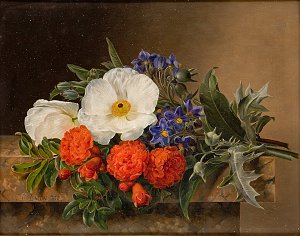 L'image représente un bouquet de fleurs colorées disposé sur une surface. On y voit des fleurs blanches avec un centre jaune, de vives fleurs rouges et des fleurs bleues. La composition est riche en détails, mettant en valeur la diversité des formes et des couleurs des fleurs, ainsi que des feuillages verts qui les entourent. L'ensemble crée une atmosphère joyeuse et naturelle, illustrant un beau moment de la nature.