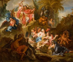 L'image représente une scène richement détaillée et colorée, typique de l'art baroque. On y voit un groupe de figures mythologiques ou allégoriques, certaines vêtues de vêtements lumineux et luxueux, disposées harmonieusement dans un paysage dramatique. Au centre, des personnages semblent dialoguer ou interagir, entourés de symboles de la nature, comme des palmiers et des rochers. La lumière joue un rôle essentiel, illuminant certaines figures et créant des ombres profondes, ajoutant de la profondeur et de l'émotion à la composition. L'ensemble dégage une atmosphère de mouvement et de dynamisme, typique des œuvres de cette période artistique.