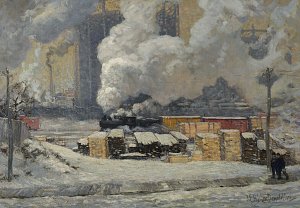 L'image représente une scène industrielle sous un ciel couvert. De la vapeur s'échappe des cheminées et des trains, créant une atmosphère brumeuse. Au premier plan, on voit des tas de bois empilés, témoignant d'une activité de transport. Deux silhouettes marchent le long d'un chemin, ajoutant une dimension humaine à ce paysage marqué par l'industrialisation. Les couleurs utilisées reflètent une palette froide, évoquant l'hiver, tandis que les détails des bâtiments en arrière-plan suggèrent une ambiance urbaine.