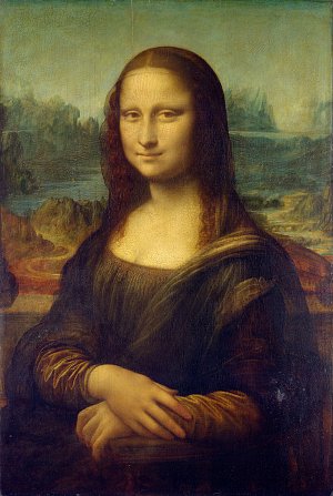 L'image représente la célèbre peinture de la Mona Lisa, réalisée par Léonard de Vinci. Elle montre un portrait d'une femme avec un sourire mystérieux, assise contre un paysage lointain. La femme porte un vêtement sombre et un voile, tandis que son regard semble suivre le spectateur. L'arrière-plan présente des montagnes et des rivières, créant une atmosphère sereine et énigmatique. Les détails subtils de la peinture démontrent le génie artistique de l'époque de la Renaissance.