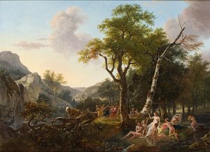 L'image représente une scène bucolique et idyllique, typique des paysages romantiques. On observe un cadre naturel avec des arbres majestueux, des rochers et une rivière qui coule tranquillement. Au premier plan, plusieurs figures humaines, probablement des nymphes ou des nymphes des eaux, se baignent dans la rivière, ajoutant une touche de vitalité à l'ensemble. À l'arrière-plan, des collines et des montagnes se dressent, tandis que des nuages légers flottent dans un ciel partiellement ensoleillé. Il y a également des personnages qui semblent jouer de la musique ou participer à une sorte de célébration près de l'eau. L'atmosphère générale évoque la sérénité, la beauté de la nature et une connexion harmonieuse entre l'homme et son environnement.