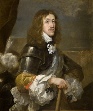 Cette image représente un portrait d'un homme en armure, probablement une figure de la noblesse ou un militaire. Il a de longs cheveux bouclés et porte un vêtement orné, avec des détails raffinés comme des dentelles et des nœuds noirs. Son expression est sérieuse et contemplative, et il tient une canne ou un bâton. Le fond est sombre et met en valeur les détails lumineux de sa tenue.