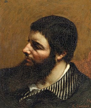 L'image est un portrait d'un homme de profil, affichant une barbe fournie et des cheveux sombres. Il porte une chemise à rayures et un manteau sombre. L'arrière-plan est d'une teinte chaude et unie, ce qui met en valeur les traits du visage et l'expression réfléchie de l'homme. La peinture présente des détails soignés et un jeu de lumière qui accentue la texture de la peau et la densité de la barbe.