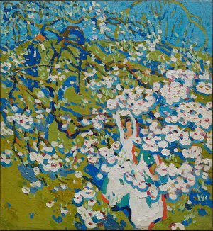 L'image représente une scène printanière vibrante, où une femme en robe blanche danse parmi des fleurs abondantes. Le fond est rempli de motifs de fleurs blanches et de feuillage vert, évoquant une atmosphère joyeuse et colorée. Les couleurs sont lumineuses et expressives, typiques d'un style artistique impressionniste. L'ensemble dégage une sensation de légèreté et de beauté naturelle.