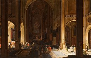 L'image montre une vaste cathédrale ou un édifice religieux avec de hauts plafonds, caractérisé par une architecture gothique. La lumière pénètre à travers des fenêtres, créant un jeu d'ombres et de lumières sur le sol carrelé. On y voit plusieurs personnages en vêtements historiques, probablement en train de communier ou de participer à une cérémonie. L'atmosphère est solennelle, accentuée par les détails architecturaux élaborés des colonnes et des voûtes. Les murs sont décorés de façon ornée, ajoutant à l'impression de grandeur du lieu.