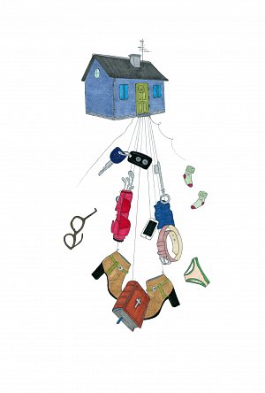 L'image montre une maison bleue suspendue dans les airs, avec un porte-à-faux sur lequel pendent plusieurs objets. On y voit des clés, un porte-clés, des lunettes, une montre, un téléphone portable, des chaussettes, un livre, un gilet, et un sous-vêtement. Cette composition symbolise peut-être les éléments essentiels de la vie quotidienne ou l'idée d'accumuler des objets. Les lignes reliant la maison aux objets donnent une impression de légèreté et de fantaisie.