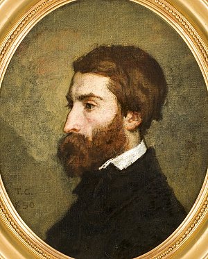 L'image représente un portrait d'un homme vu de profil. Il a une barbe fournie et des cheveux bruns mi-longs. Son expression est sérieuse, et il porte un vêtement sombre avec un col blanc. Le fond est assez sombre, ce qui met en valeur son visage. Dans le coin inférieur gauche, on peut voir une inscription qui semble indiquer les initiales "T.C." suivies de l'année "1850". Le portrait est encadré dans un cadre doré.