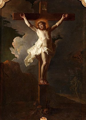 L'image représente la crucifixion de Jésus-Christ, figuré sur une croix en bois. Il est dépeint nu, entouré d'une lumière douce qui contraste avec l'obscurité du ciel, où des nuages sombres sont présents. À ses pieds, on peut voir des éléments évocateurs comme des crânes, symbolisant la mort et le sacrifice. Le corps de Jésus est légèrement incliné, et un drapé blanc flotte autour de lui. L'ensemble de la scène transmet une atmosphère dramatique et poignante, illustrant un moment central du récit chrétien.