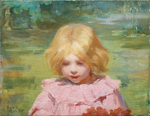 L'image représente une peinture d'une jeune fille avec des cheveux blonds, qui porte une robe rose. Elle semble contemplative, les yeux baissés, et se trouve dans un environnement naturel flou, probablement un jardin. Les couleurs douces et les coups de pinceau expriment une atmosphère paisible et délicate, mettant en avant l'innocence de l'enfance.