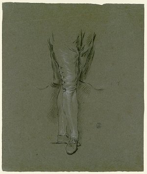 L'image montre un dessin représentant une jambe en position verticale, vêtue de bas et d'une chaussure. Le style est esquissé, avec des traits fins qui suggèrent la forme et le mouvement. Le fond est de couleur beige ou brune, mettant en valeur le dessin en noir et blanc. La composition est simple et se concentre principalement sur la jambe, laissant une impression d'élégance et de dynamisme.