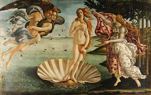 L'image représente la célèbre peinture "La Naissance de Vénus" de Sandro Botticelli. Au centre, Vénus, déesse de l'amour, émerge d'une coquille Saint-Jacques, debout sur l'eau. Elle est représentée nue, avec de longs cheveux dorés qui tombent sur ses épaules. À gauche, deux figures ailées, souvent interprétées comme les Zéphyrs, soufflent doucement pour la guider. À droite, une femme habillée d'une robe ornée tient un drapé élégant, semblant accueillir Vénus sur le rivage. L'arrière-plan montre un paysage verdoyant, créant une atmosphère paisible et mythologique.