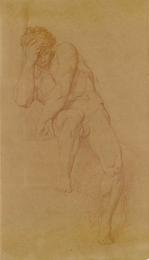 L'image montre un dessin en rouge d'un homme nu, assis sur une surface. Il est penché en avant, la main sur le front, exprimant une attitude de réflexion ou de mélancolie. Les lignes du dessin sont délicates, mettant en valeur la musculature de son corps. L'arrière-plan est en ton neutre, ce qui focalise l'attention sur la figure humaine. L'artiste utilise un papier couleur beige, ce qui ajoute une chaleur au dessin.